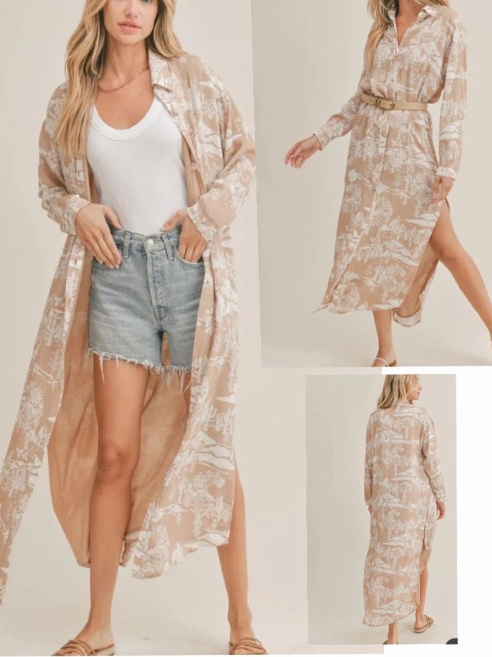 Sadie & Sage Tan and White Printed Long-Sleeve Button Shirt Dress